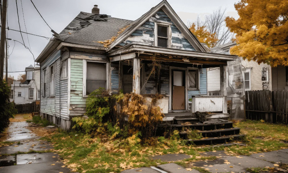 Old Florida house in poor condition with damaged roof, peeling paint, and overgrown yard, representing a home that is falling apart and difficult to sell Old Florida house in poor condition with damaged roof, peeling paint, and overgrown yard, representing a home that is falling apart and difficult to sell