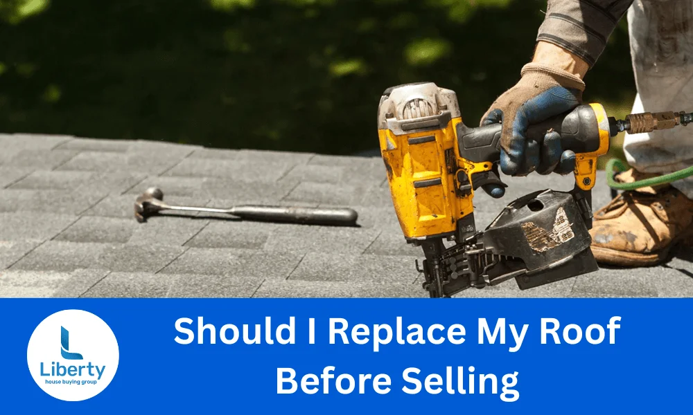 Worker installing asphalt shingles with a nail gun on a Florida roof-should I replace my roof before selling a house in Florida Worker installing asphalt shingles with a nail gun on a Florida roof-should I replace my roof before selling a house in Florida