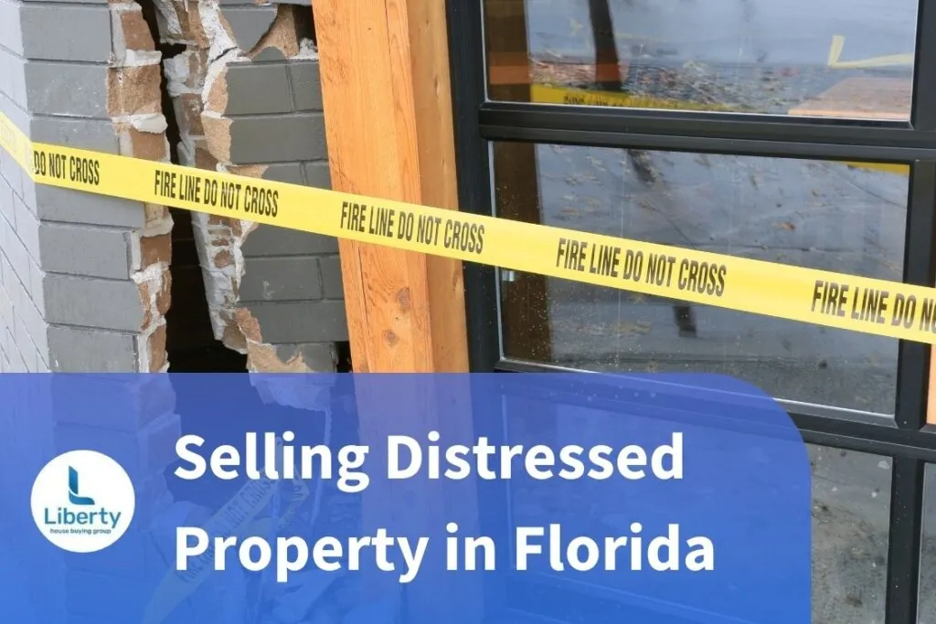 Broken wall with caution tape labeled ‘Fire Line Do Not Cross’ highlighting selling distressed property in Florida as-is with Liberty House Buying Group.”